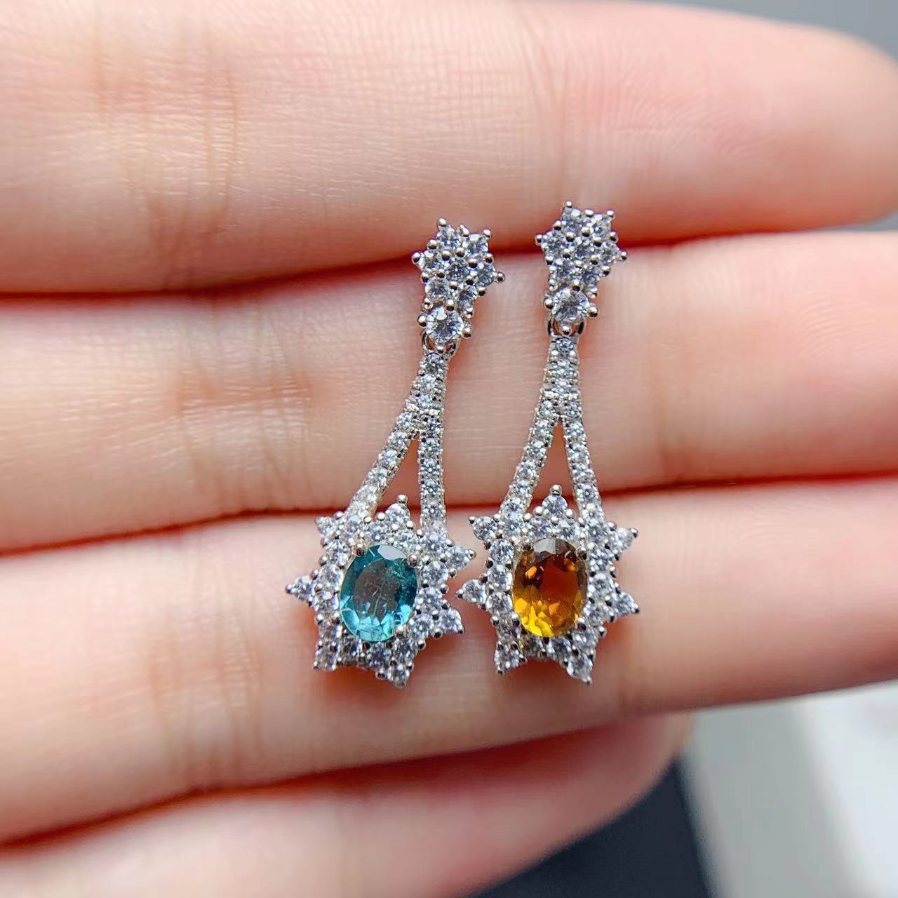 天然碧玺耳坠镀玫瑰金色925银镶嵌气质耳环设计感彩宝耳饰女代发