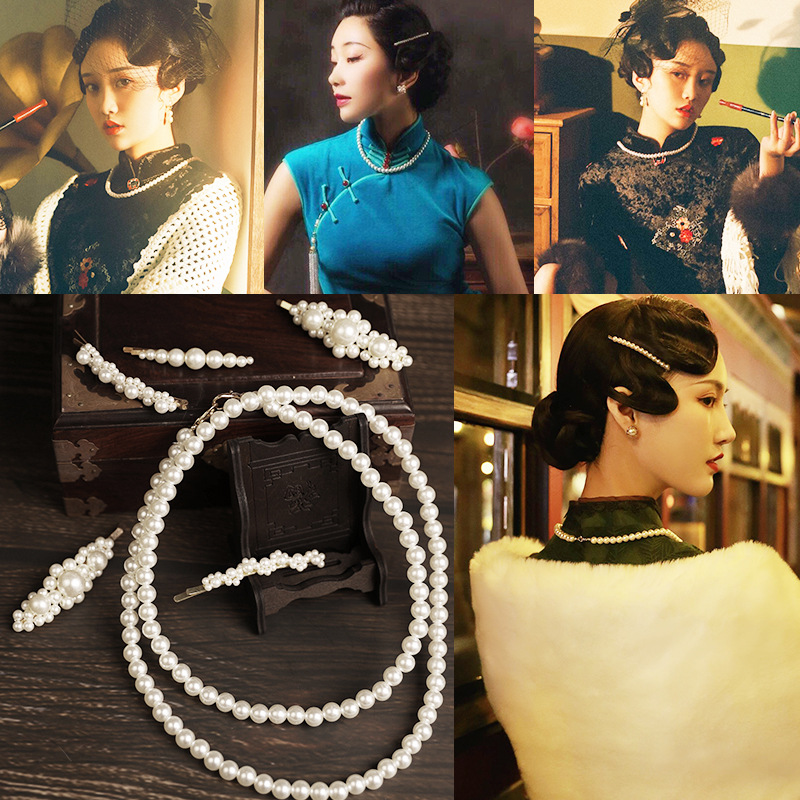 手推波纹假发配饰复古民国波纹珍珠项链旗袍假发大波浪古风发饰品