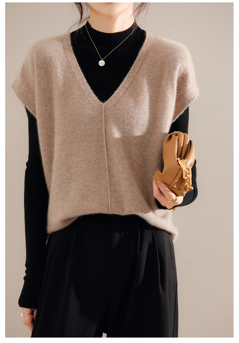 春秋天薄款羊毛背心女装毛衫防寒针织马甲鸡心领内穿外搭毛线马夹