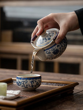 米黄汝窑手抓壶盖碗茶杯单个高档家用泡喝茶壶青花珐琅彩功夫茶具