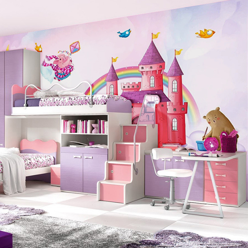 手绘儿童房卡通墙布3d壁纸蓝色梦幻城堡主题床头背景墙纸男孩卧室