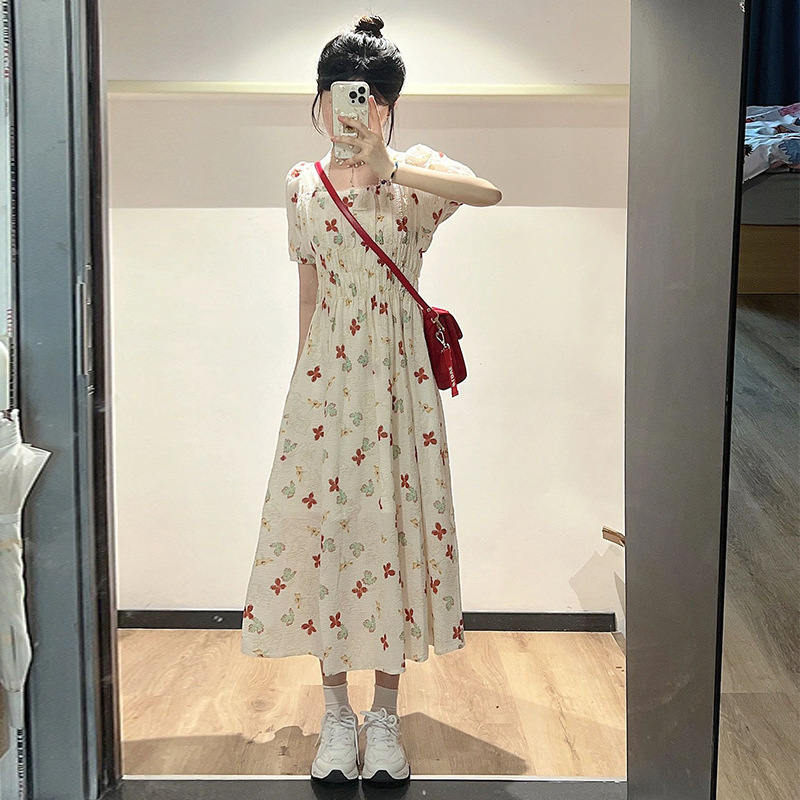 2023 New Summer plus Size Women's Clothes Long Dress Slightly Oversized Girls Slimming Waist-Tight High-Grade French Floral Dress