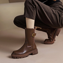 两种筒高可调节靴筒牛皮厚底骑士靴2023冬粗中跟皮带扣真皮短靴女
