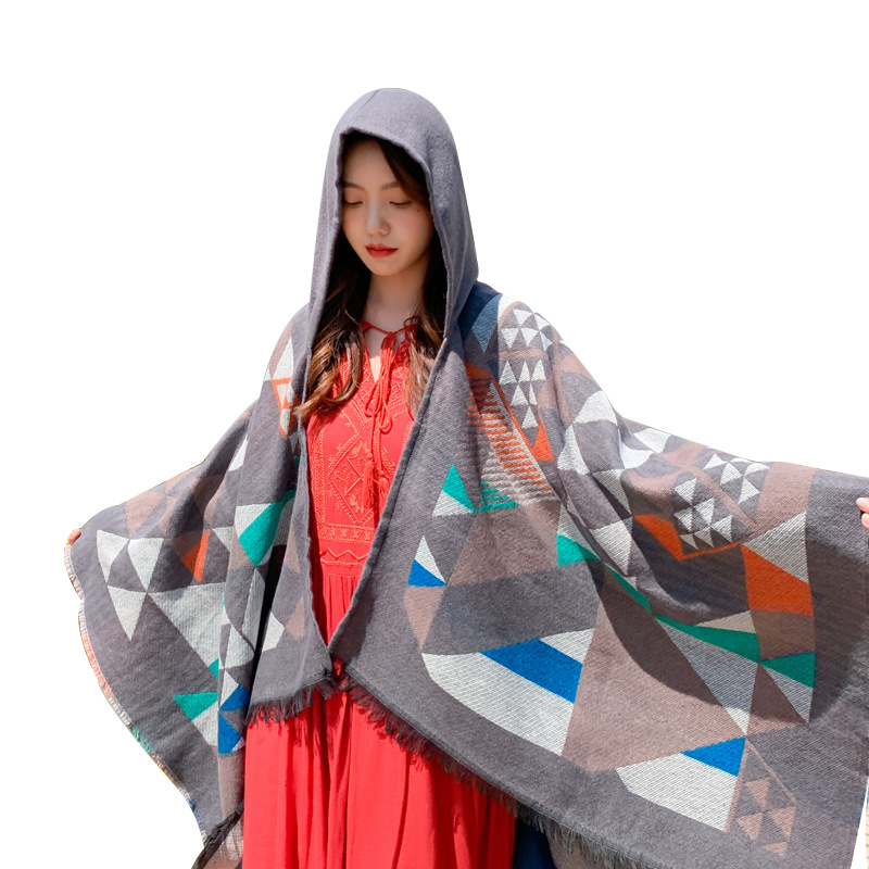 Travel Scarf Dual-Use Tassel Edge Ethnic Style Summer Air-Conditioned Room Hoodie Cloak Triangle Combination Cashmere Shawl