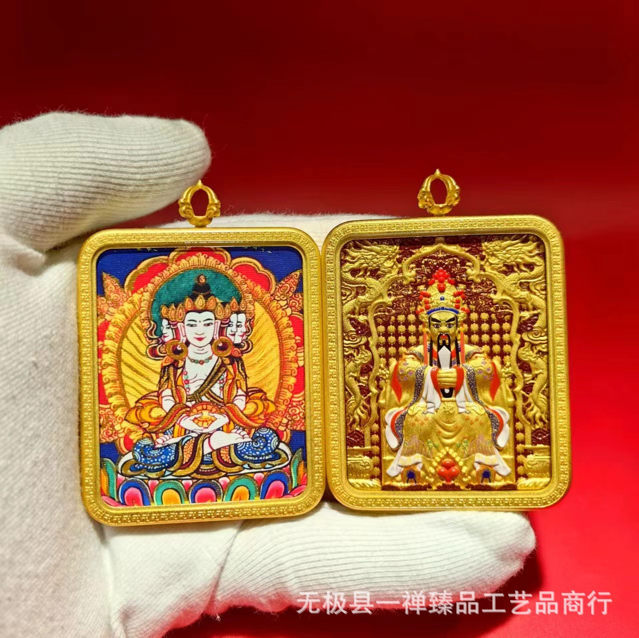 五台山新款双龙五爷唐卡吊坠手绘描金十二生肖本命佛挂件立体纯铜