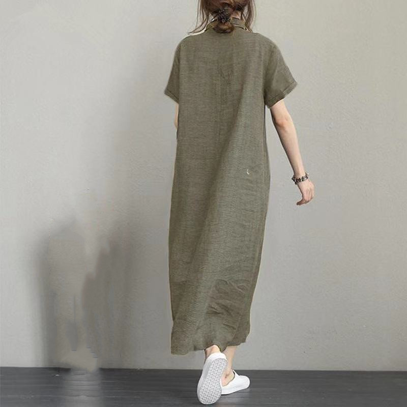 Cross-Border New Arrival Polo Collar Cotton and Linen Lapel Short Sleeve Loose Pockets Temperament Women's Casual Dress Dress