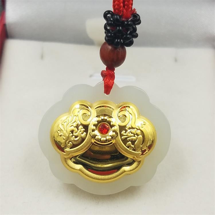 小金锁长命锁宝宝儿童婴儿3d黄金镶玉吊坠平安锁宝宝满月金饰项链