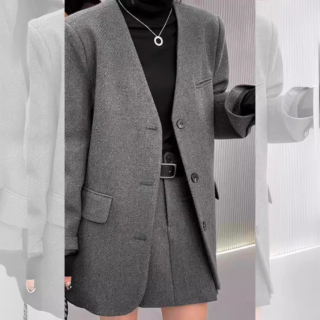 2525春季套装灰色休闲西装外套上衣短裙a字裙开衫配裙子两件套