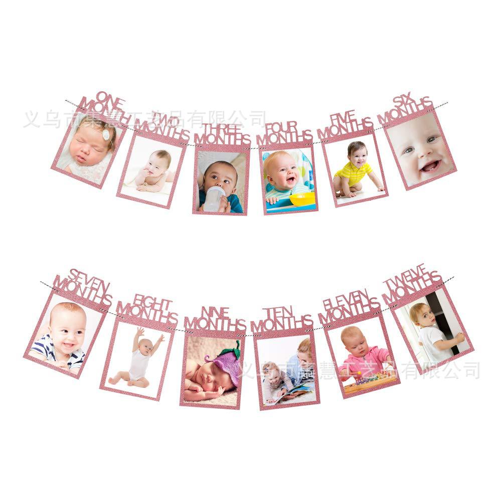 Birthday Party Photo Frame Hanging Flag Baby Full-Year Photo Flag Banner Party Decoration Glitter Paper Photo Latte Art