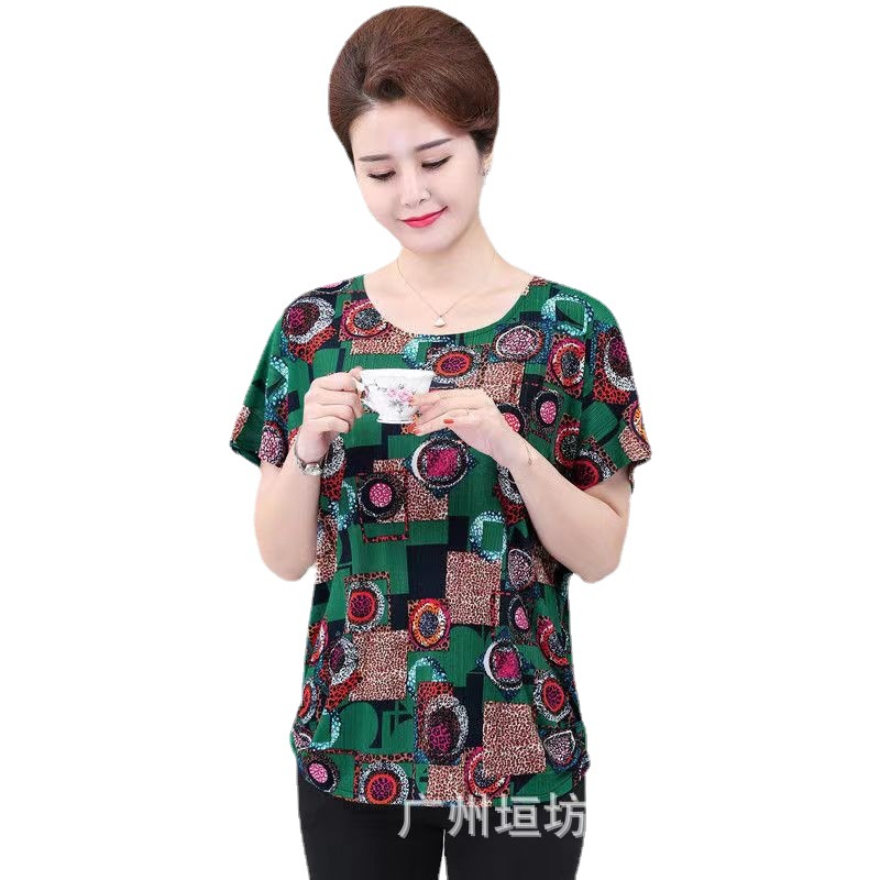 Floral Ice Silk Beauty Stripe Summer New Mother's Clothes Middle-Aged and Elderly Short-Sleeved T-shirt Loose Top Mom Short-Sleeved