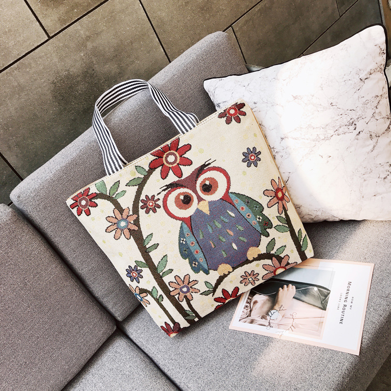 New Style Linen Jacquard Large Bag Women's Casual All-Match Shoulder Bag out Shopping Bag Owl Tote Bag