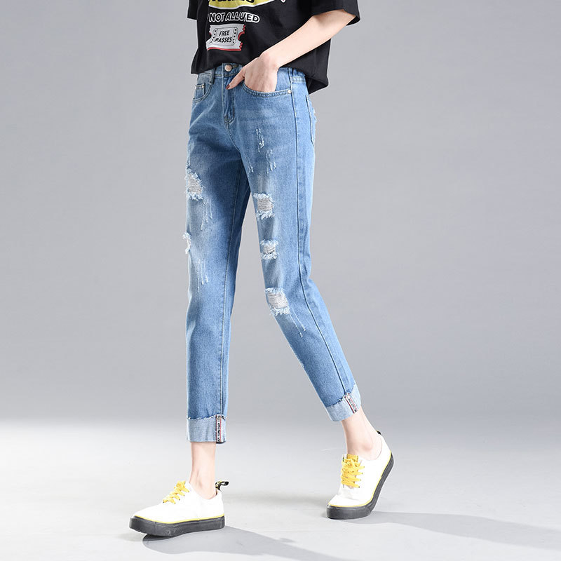   Ripped Jeans Women's oose Beggar Korean Spring and Summer New Bf Students Slimming Elastic Hemmed Ankle-ength Pants