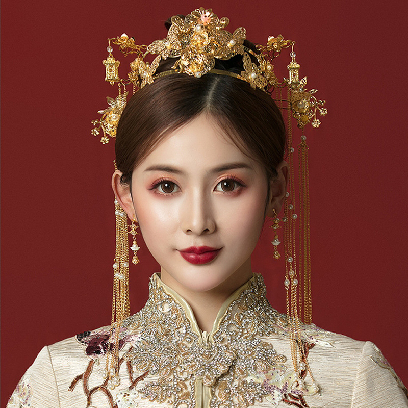 秀禾头饰秀禾服凤冠饰品新娘古风结婚简约中式服古装金色发饰女