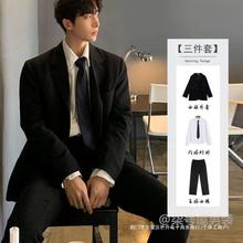 学生西服套装男宽松休闲黑色感小西装韩版商务正装轻熟三件套