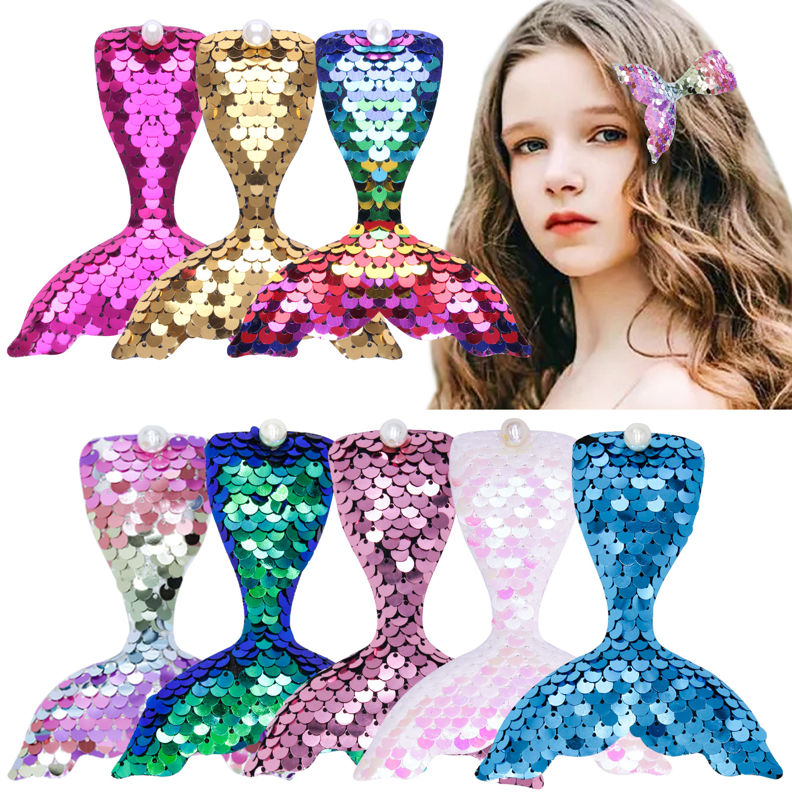 xinqi cross-border amazon new barrettes cute children‘s cartoon mermaid tail flip sequins duckbill clip supply