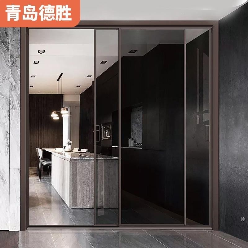 玻璃移门青岛直销极窄简约吊轨厨房阳门台隔断黑色细框推拉门