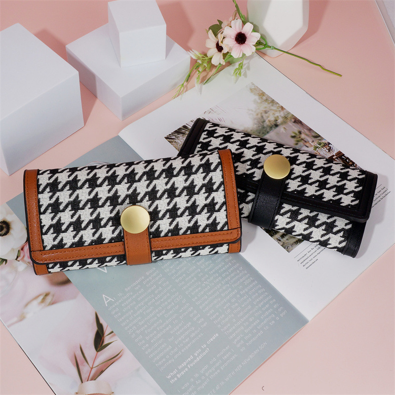 Factory Direct Sales New Ladies' Purse Three Fold Houndstooth Hasp Clutch Multiple Card Slots Fashion All-Match Long