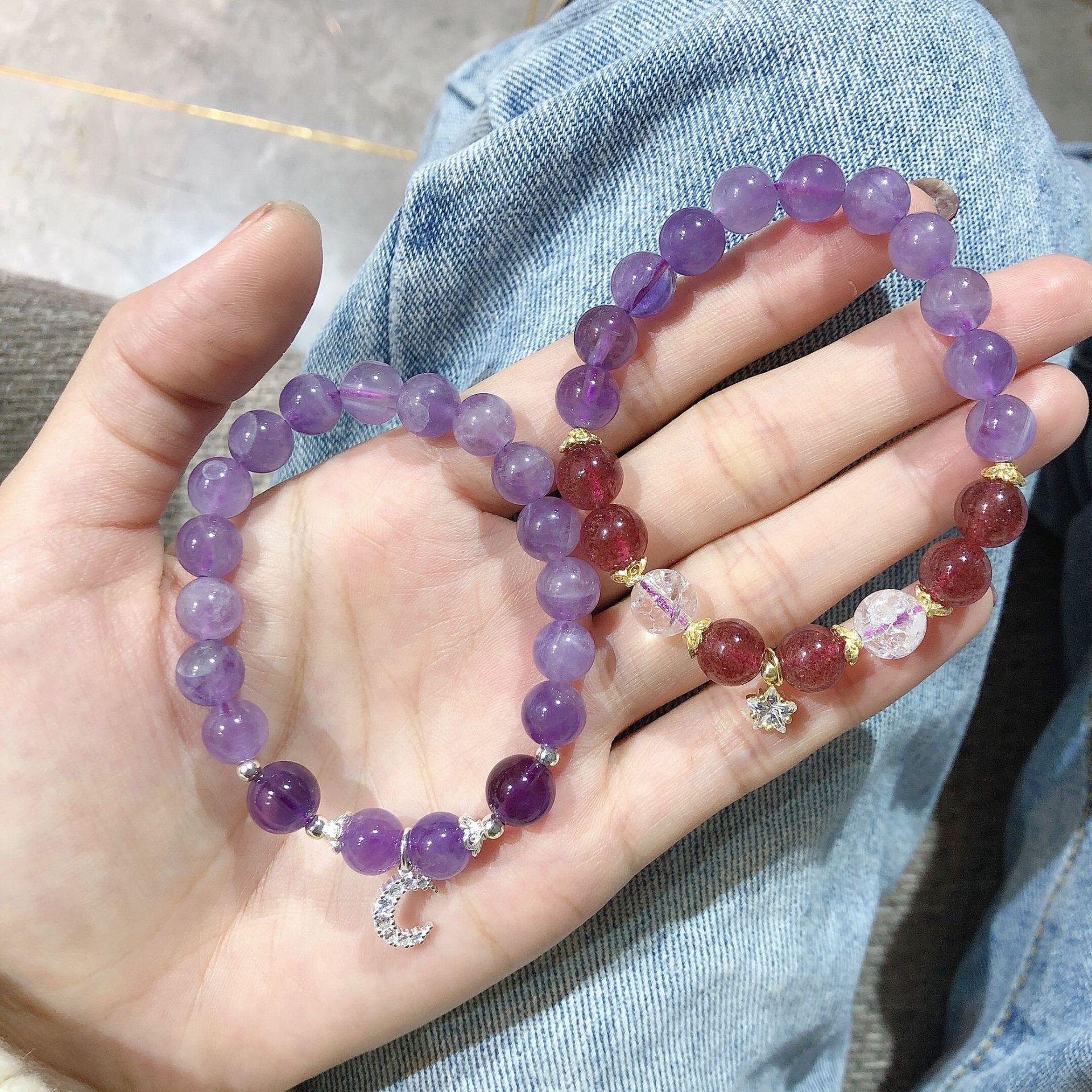 雏灵薰衣草紫晶草莓晶水晶手链学生手链s925银镀金款手作diy