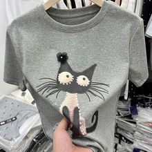 2024夏装新款设计感卡通小猫图案印花短袖T恤女洋气体恤衫上衣潮