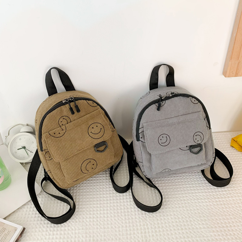 2023 New One-Shoulder Backpack Girls Outdoor Fresh Sweet Smiley Face Mobile Coin Purse Bag Corduroy Handbag