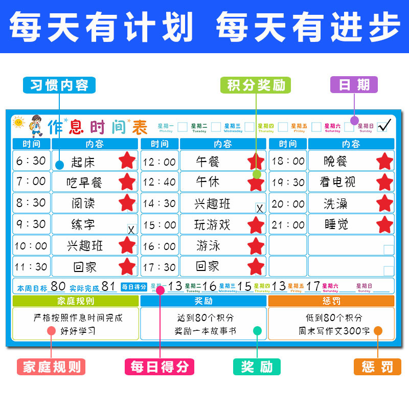 儿童作息时间表孩子自律表墙贴记录小学生学习规划开学计划表磁性