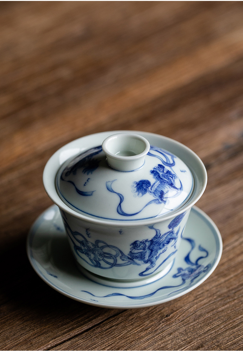 仿古三才盖碗青花瓷泡茶杯家用单个陶瓷功夫茶具大号喝茶盖碗茶杯