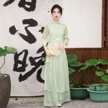 实拍现货# 新中式可上班穿改良立领旗袍七分袖茶服连衣裙套装女禅