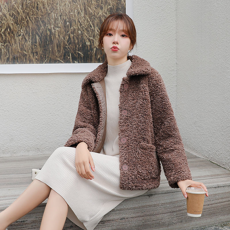 皮毛一体颗粒绒羊羔毛外套女短款2020冬季新款矮个子加厚毛呢大衣