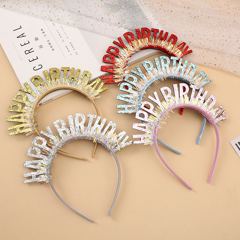 Factory Wholesale Gold Powder Rain Silk Birthday Headband Bright Beads Birthday Hat English Happy Birthday Headband Party Decoration Hat