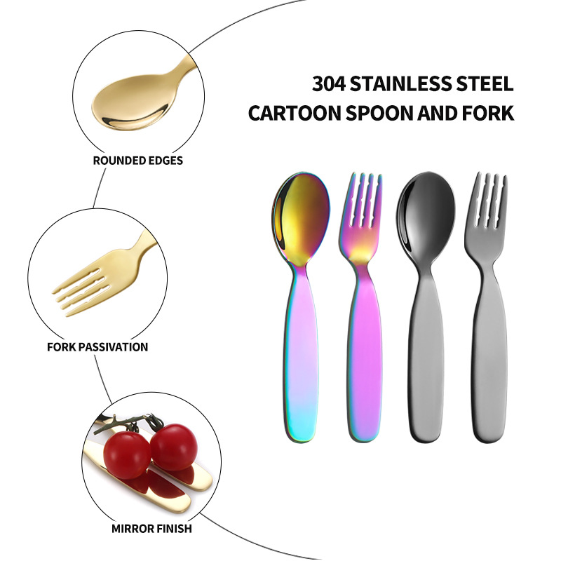 Factory Direct 304 Stainless Steel Children's Spoon Fork Set Baby Eating Spoon Coffee Dessert Spoon Fruit Fork