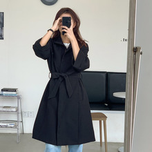 实拍黑色中长款风衣女韩版复古法式系带收腰显瘦立领拉链外套
