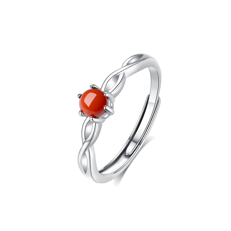 925 Silver Yidianhong Southern Red Agate Ring round Full Color Full of Flesh Persimmon Inlaid Mobius Simple Ring