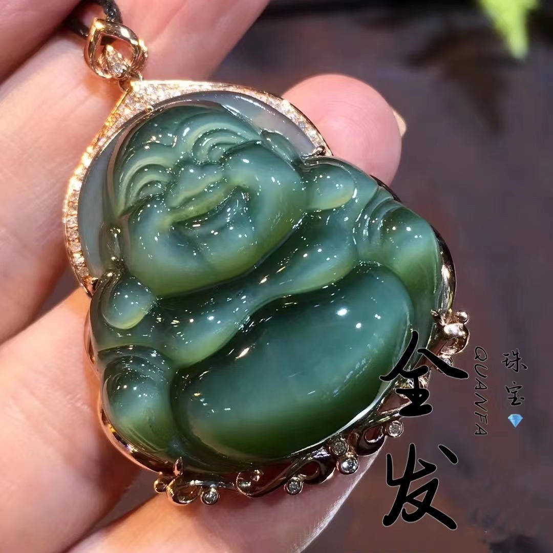 俄罗斯高碧玉冰高透 猫眼大肚佛佛公(珍藏级)精致雕工18k镶金