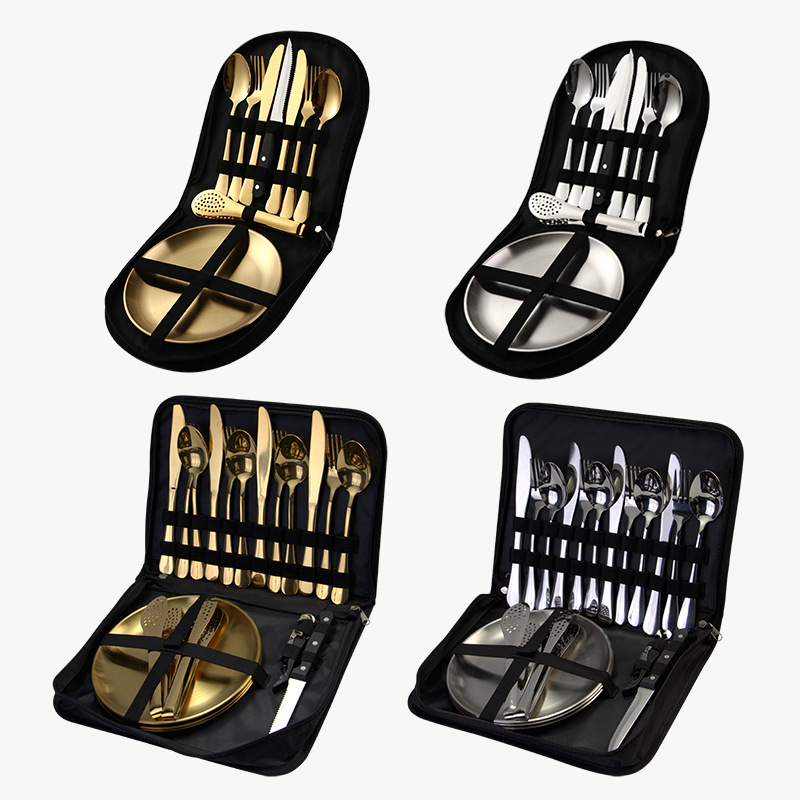 outdoor travel stainless steel tableware camping picnic barbecue plate clip steak knife， fork and spoon suit portable storage bag