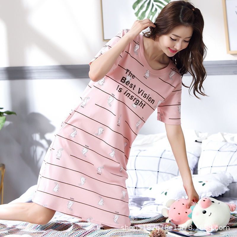 Nightdress Women's Summer Cute Pajamas Korean-Style Short-Sleeved Nightdress Women's Mid-Length plus Size Nightdress Ladies Summer Home Wear