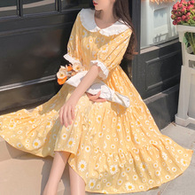 小清新少女感黄色雏菊公主裙子女夏季甜美温柔萝莉短袖连衣裙宽领
