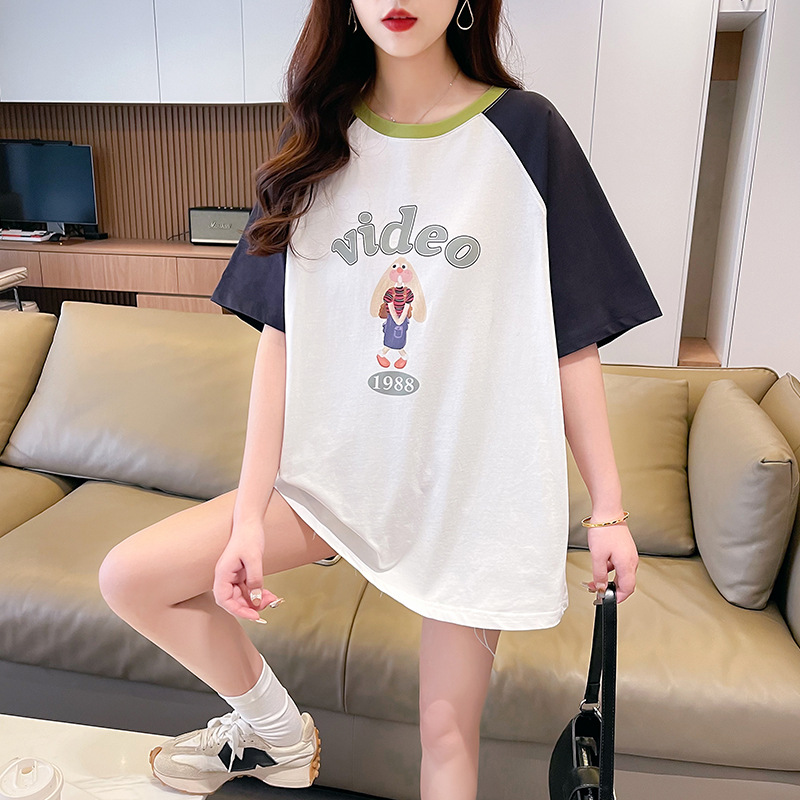 纯棉新款2023夏季韩版短袖t恤女撞色卡通印花上衣时尚大码女装潮