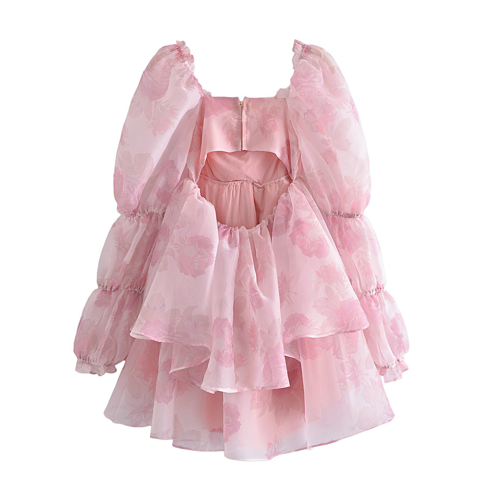 跨境女装印花长袖泡芙裙多层迷你公主裙2022新款后背镂空蓬蓬裙