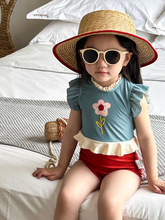夏季新款韩版双色拼接儿童连体泳衣女童洋气可爱宝宝速干温泉泳装