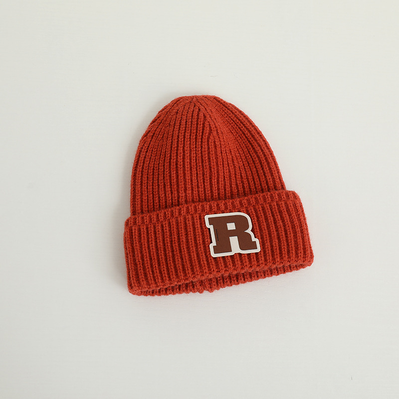 2023 Children's Knitted Hat Korean Style Letter R Patch Western Style Hat Autumn and Winter Warm Boys and Girls Solid Color Woolen Hat