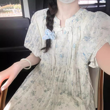 刺绣天丝碎花泡泡袖盘扣仙女连衣裙夏季新中式小个子显瘦气质短裙