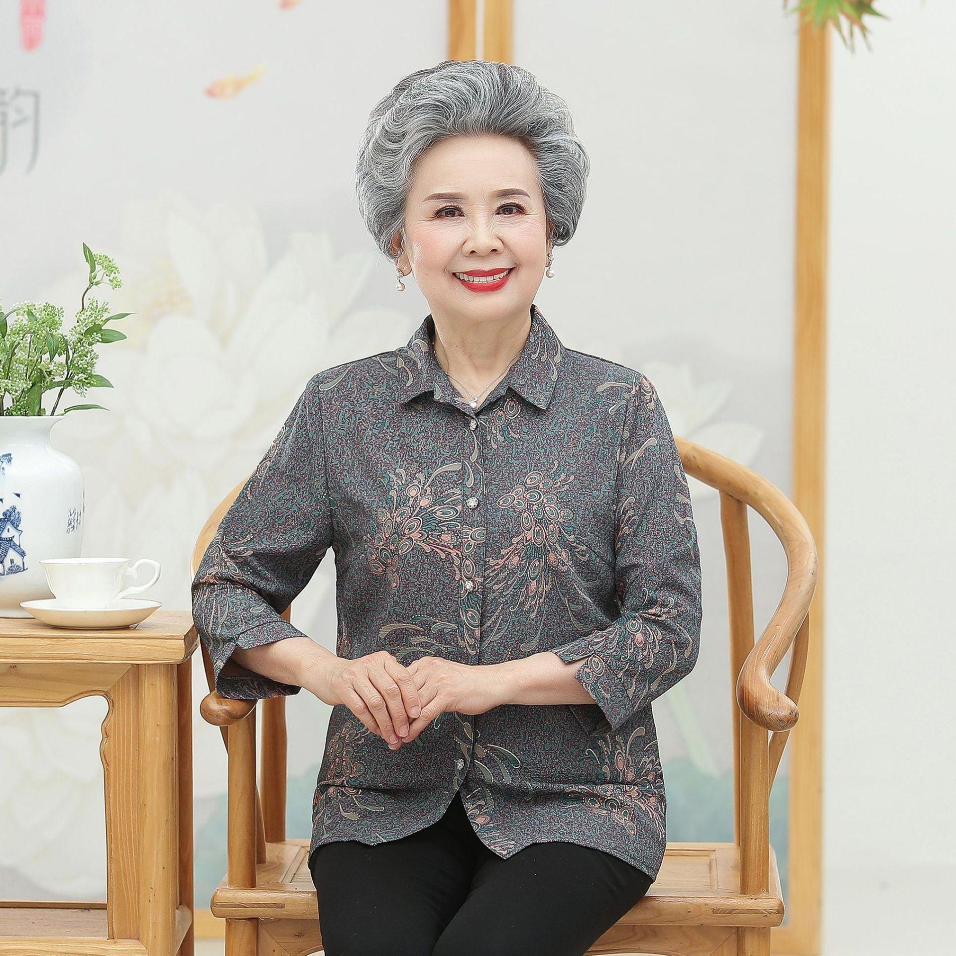 中老年女装2022夏季新款上衣小衫婆婆妈妈桑蚕丝衬衫奶奶真丝衬衣