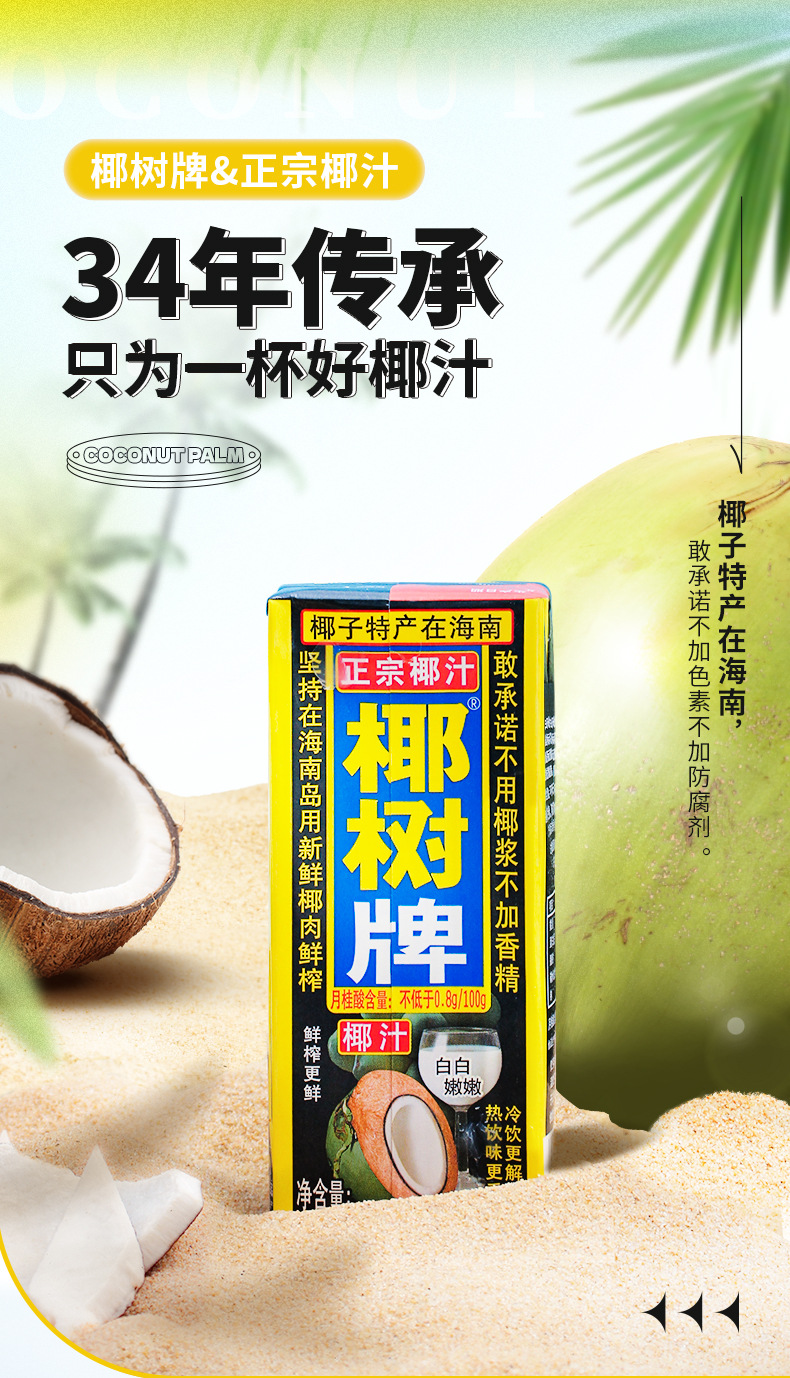 海南特产 椰树牌椰子汁植物蛋白饮料婚宴椰奶饮品 245ml*24纸盒装
