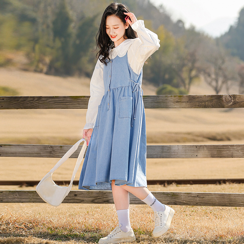 少女春装牛仔连衣裙大童初中高中学生春季学院风娃娃领衬衫两件套