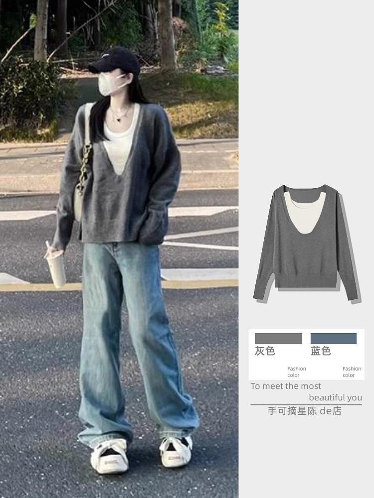 灰色复古针织衫上衣女秋季2023年新款慵懒风穿搭法式别致长袖上衣