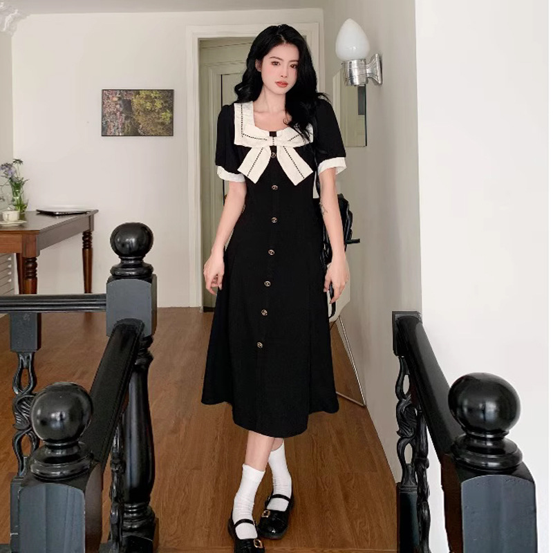 Hepburn Style Square Collar Bow Dress for Women Summer 2023 New Black Vintage Skirt Flab Hiding Slimming Dress