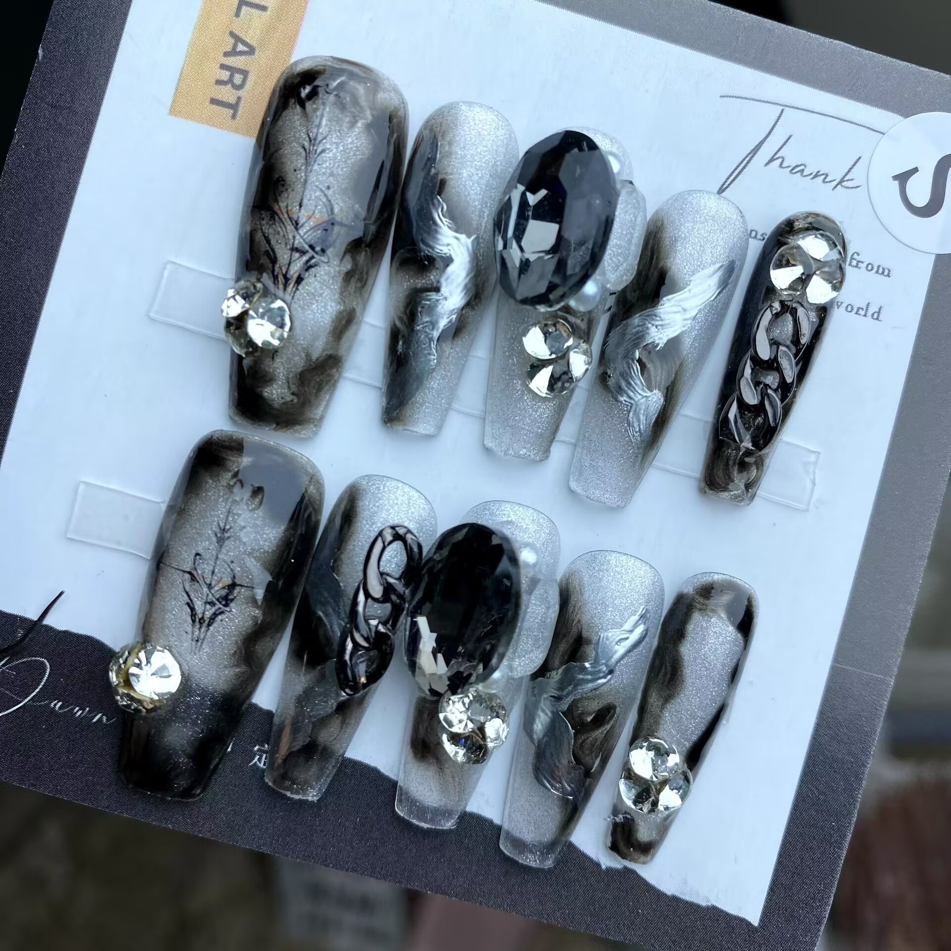 手工穿戴甲批发 黑色晕染水墨暗黑辣妹长款穿戴式美甲甲片-阿里巴巴