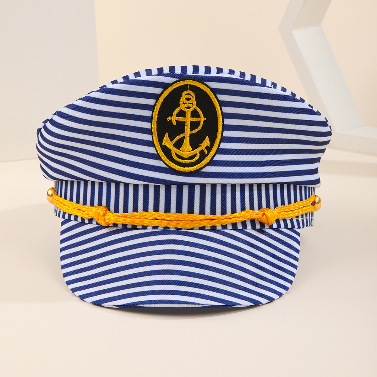 欧美海军帽蓝白条纹外贸帽子夏季复古平顶军帽出口船长海军帽