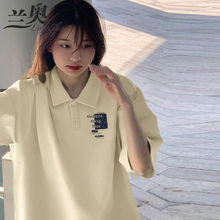 兰奥杏色日系Polo领T恤女夏季潮ins风韩系减龄艺术生短袖翻领上衣