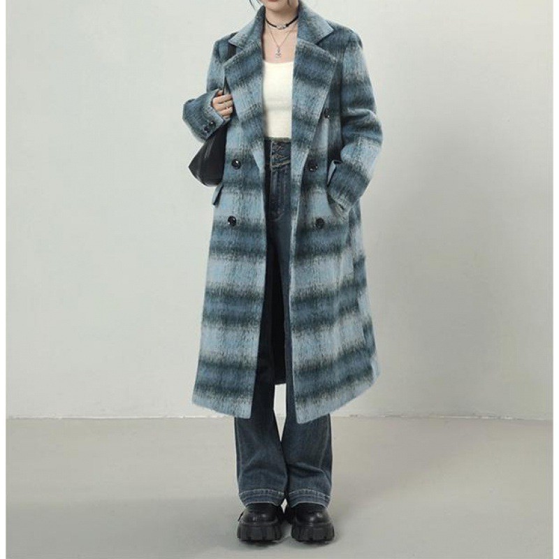 蓝色格纹毛呢大衣女秋冬新款复古学院风宽松设计感中长款呢子外套